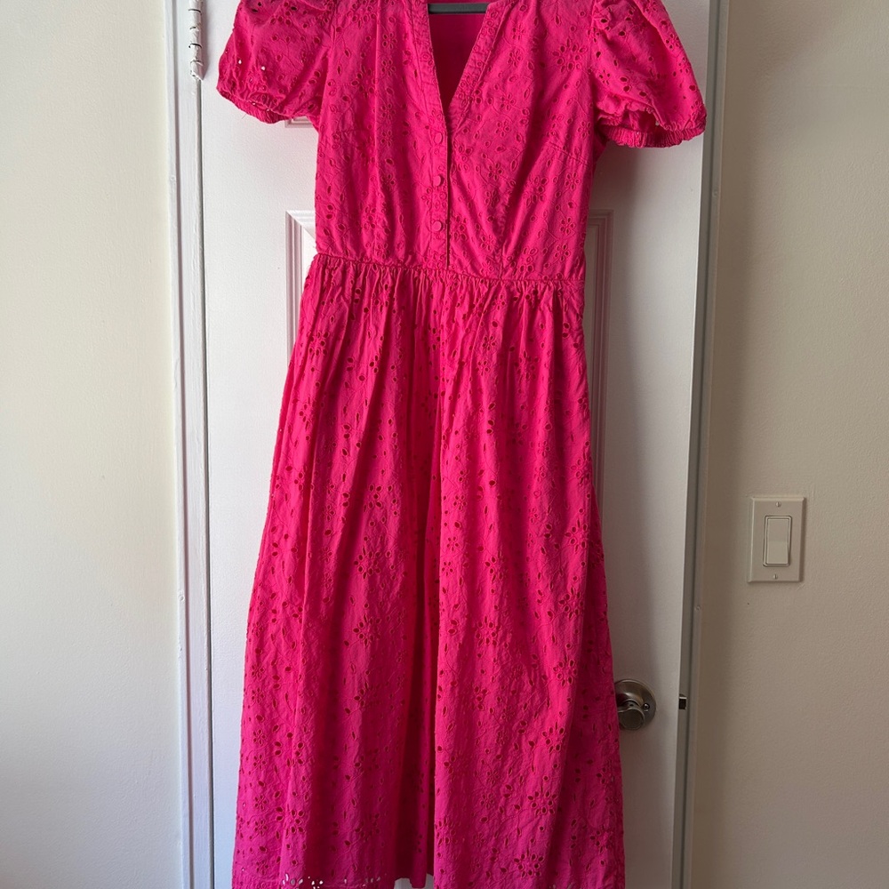 J. Crew Bright Pink Eyelet Midi Dress